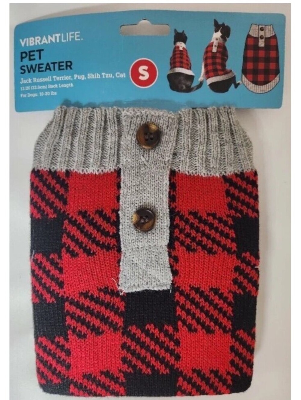 Vibrant Life Dog Pet Clothes Buffalo Plaid Red Black Winter Apparel Sweater Sz S